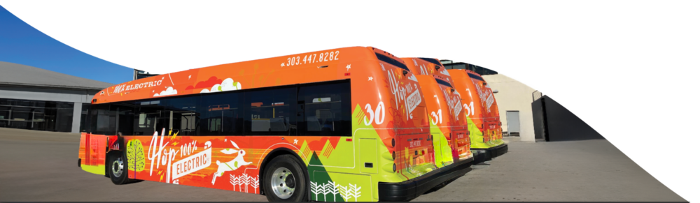 The image shows a brightly colored orange and green electric HOP bus with the text "100% ELECTRIC" on the side, indicating it is powered entirely by electricity. The bus also displays the Via Mobility Services logo and their tagline "Mobility for Life". The phone number 303.447.8282 is visible, providing contact information. The bus is numbered 30, and there are others behind it with numbers 31 and beyond. The scene is set against a clear sky with a large building structure in the background, at the bus depot at Via's Boulder headquarters where the vehicles are stored and maintained. The image has a perspective effect where the buses recede into the distance, and it is skewed towards the right, creating a sense of depth.