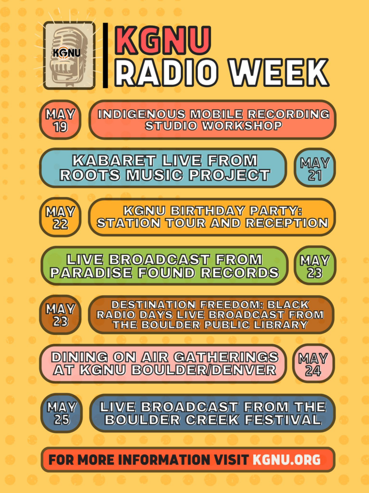 Graphic poster promoting the week-long schedule of KGNU's Radio Week.